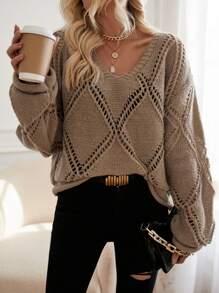 Aveloria 落肩镂空针织套头衫秋冬毛衣 - 摩卡棕 - 查看 3