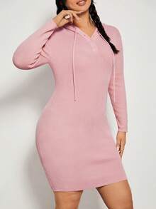 SHEIN EZwear Hơn Nút phía trước Dây rút áo có mũ Đầm Áo len - Bụi hồng - Xem 6