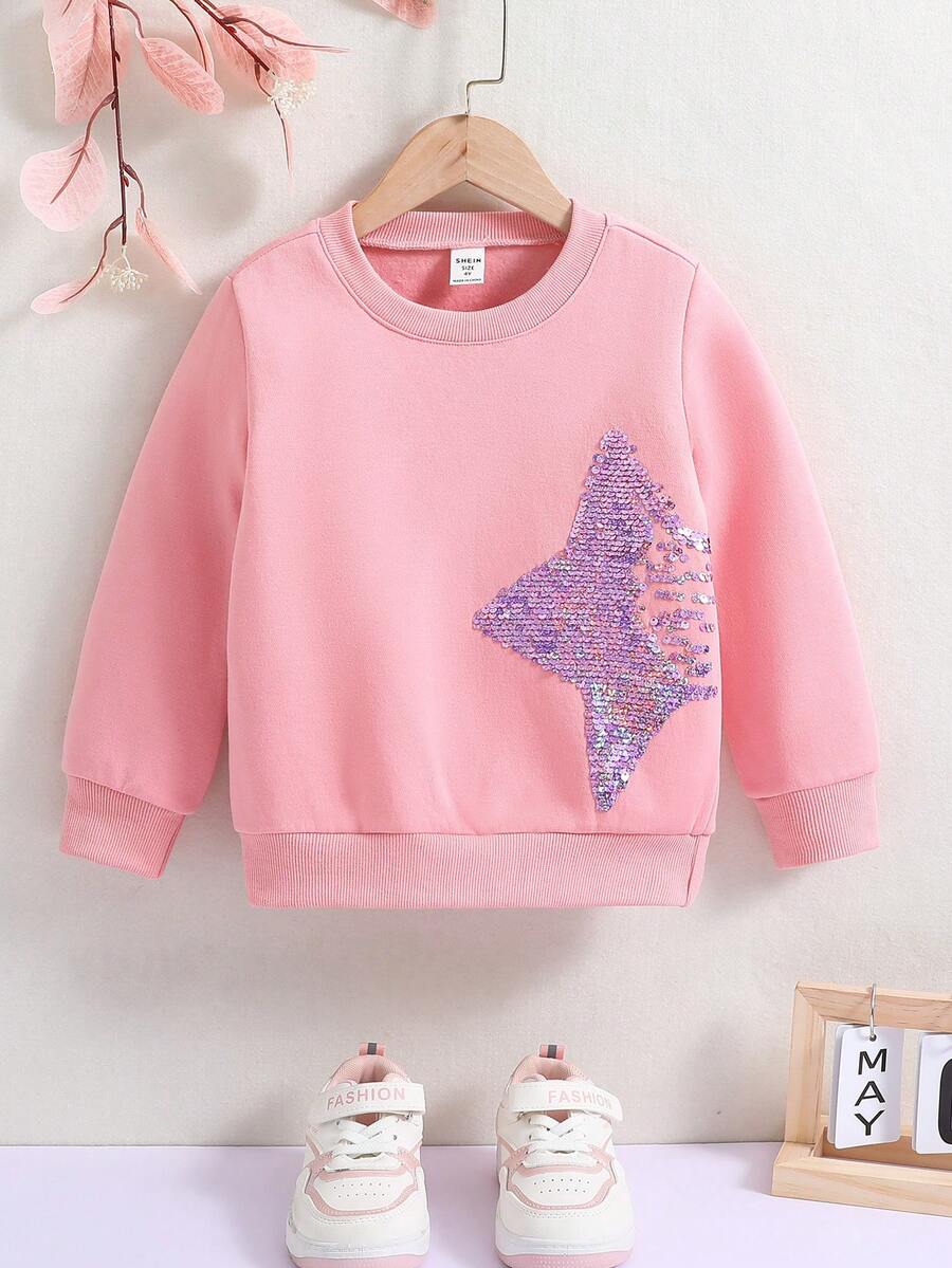 SHEIN Young Girl Contrast Star Sequin Sweatshirt - Pink - View 1