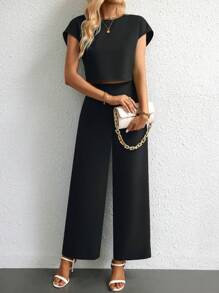 SHEIN Privé 素色蝙蝠袖短款上衣&闊腿褲 - 黑色 - 查看 3