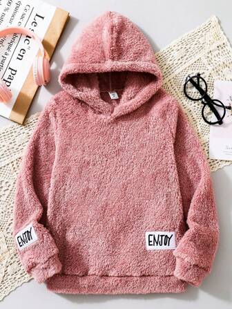 SHEIN Tween Girl Letter Patched Detail Hooded Teddy Sweatshirt