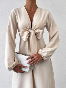SHEIN Cottnline Solid Knot Front Lantern Sleeve High Low Hem Dress - Beige - View 3