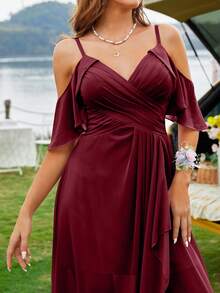 Cold Shoulder Ruffle Trim Wrap Hem Chiffon Bridesmaid Dress - Burgundy - View 4