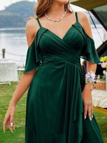 Cold Shoulder Ruched Wrap Hem Chiffon Bridesmaid Dress - Dark Green - View 5
