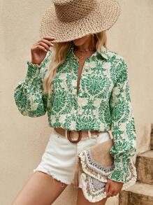 SHEIN VCAY 滿版印花前紐扣襯衫 - 綠色 - 查看 4