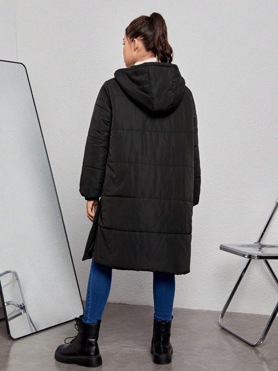 Teen Girl 1pc Dual Pocket Hooded Padded Coat