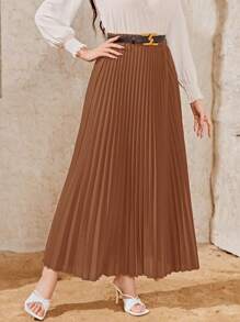 Modelyn Solid Pleated Skirt Without Belt - Coffee Brown - View 4