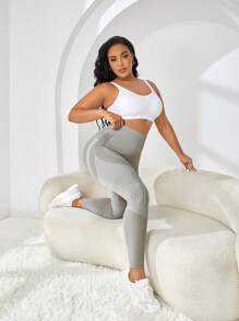 Yoga Basic 大碼條紋印花寬腰帶運動打底褲 - 灰色 - 查看 5