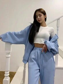 DAZY Của phụ nữ Màu thuần Thả vai Áo nỉ có mũ Với dây kéo - Màu xanh lam - Xem 4