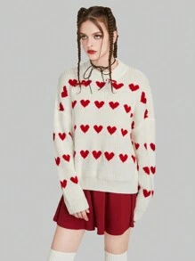 ROMWE Kawaii Heart Pattern Drop Shoulder Sweater,Long Sleeve Tops - Beige - View 5