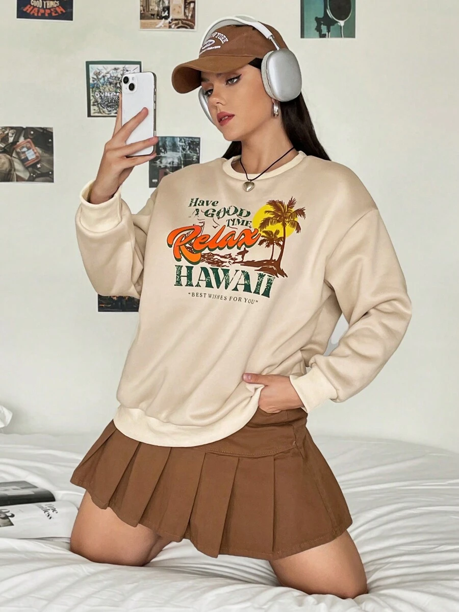SHEIN EZwear 大碼棕櫚樹和標語圖案落肩袖運動衫 - 淺粉色 - 查看 1