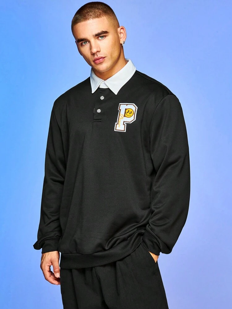 Men's Casual Contrast Collar Letter Graphic Sweatshirt, Autumn/Winter