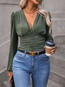SHEIN Clasi 深V領燈籠袖前收褶短款襯衫 - 軍綠色 - 查看 6