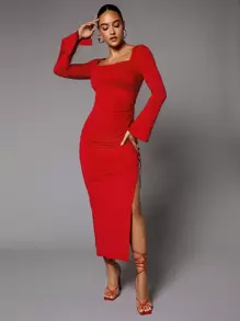 SHEIN BAE 方領喇叭袖開衩大腿洋裝 - 酒紅色 - 查看 4