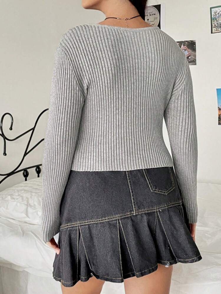 Plus Notched Neckline Ribbed Knit Sweater