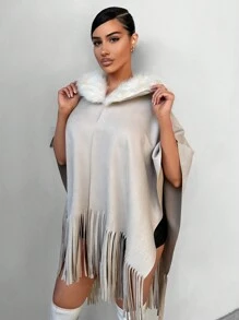 SHEIN SXY Borg Collar Fringe Trim Cape Overcoat New Years Eve Party Sexy - Apricot - View 5