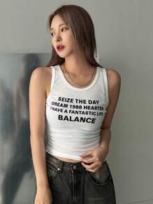 DAZY 标语图案褶皱侧背心 抓住白日梦想 1988 HEARTEN 我有一个美妙的生活平衡节 - 白色 - 查看 7