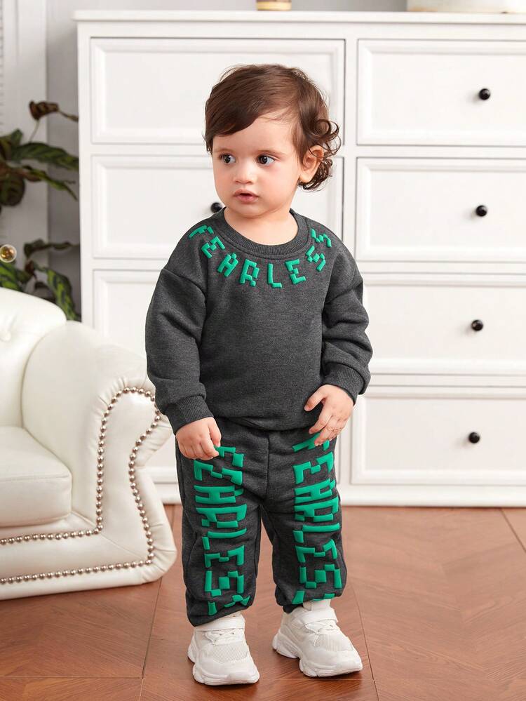 Baby Girl Letter Graphic Drop Shoulder Sweatshirt & Sweatpants