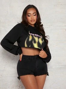 SHEIN SXY 字母圖案短款衛衣 - 黑色 - 查看 1