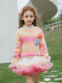 Young Girl 1pc Colorblock Floral Patched Sweater - Multicolor - View 6