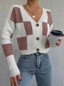 EURMUSE Checker Pattern Drop Shoulder Cardigan - trắng - Xem 5