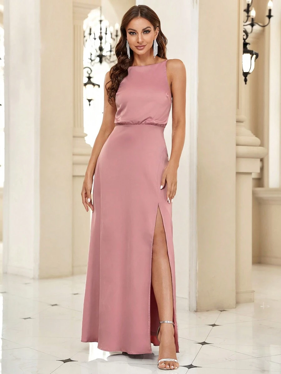 SHEIN Belle Chất rắn Tách đùi Xa ten Váy phù dâu - Bụi hồng - Xem 1