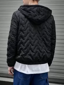 Manfinity VCAY 1pc Loose Fit Men's Zip-Up Hooded Quilted Jacket, For Fall Winter - Black - View 2