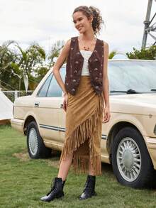 SHEIN WYWH Falda ribete con fleco cruzado con nudo lateral - Caqui - Ver 3