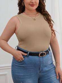 SHEIN Essnce Hơn Chất rắn Áo ba lỗ - Màu Khaki - Xem 5