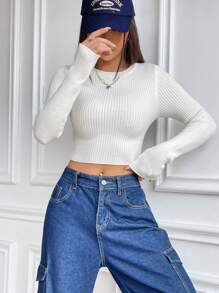Flirla Solid Ribbed Knit Crop Sweater