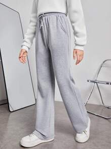 SHEIN Teen Girl Drawstring Waist Slant Pocket Sweatpants - Light Grey - View 1