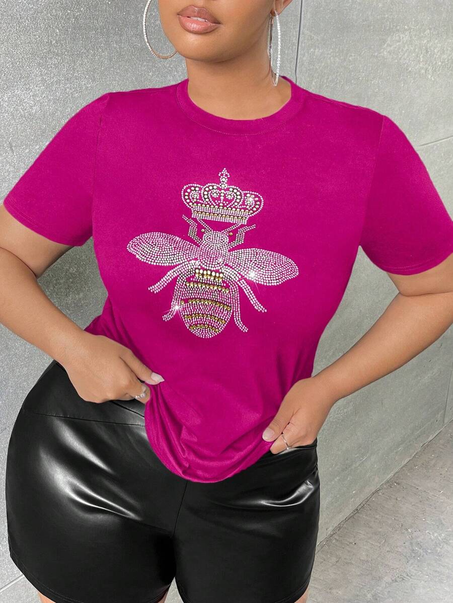 Slaydiva Yapay elmas Hayvan Gündelik Büyük Beden Tshirtler - Sıcak Pembe - Görünüm 1