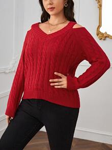 SHEIN Essnce Talla grande Jersey de hombros descubiertos tejido de cable - Rojo - Ver 6