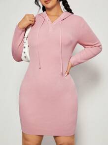 SHEIN EZwear Hơn Nút phía trước Dây rút áo có mũ Đầm Áo len - Bụi hồng - Xem 1