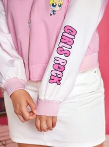 THE POWERPUFF GIRLS X SHEIN 大碼字母和卡通圖案落肩袖雙色飛行員夾克 - 淺粉色 - 查看 8
