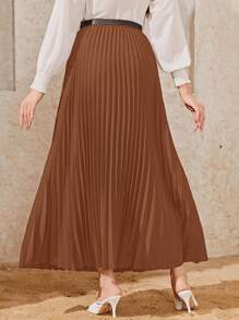 Modelyn Solid Pleated Skirt Without Belt - Coffee Brown - View 2