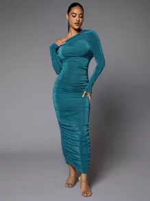 SHEIN BAE 不對稱領褶邊緊身洋裝 - 水鴨藍 - 查看 1