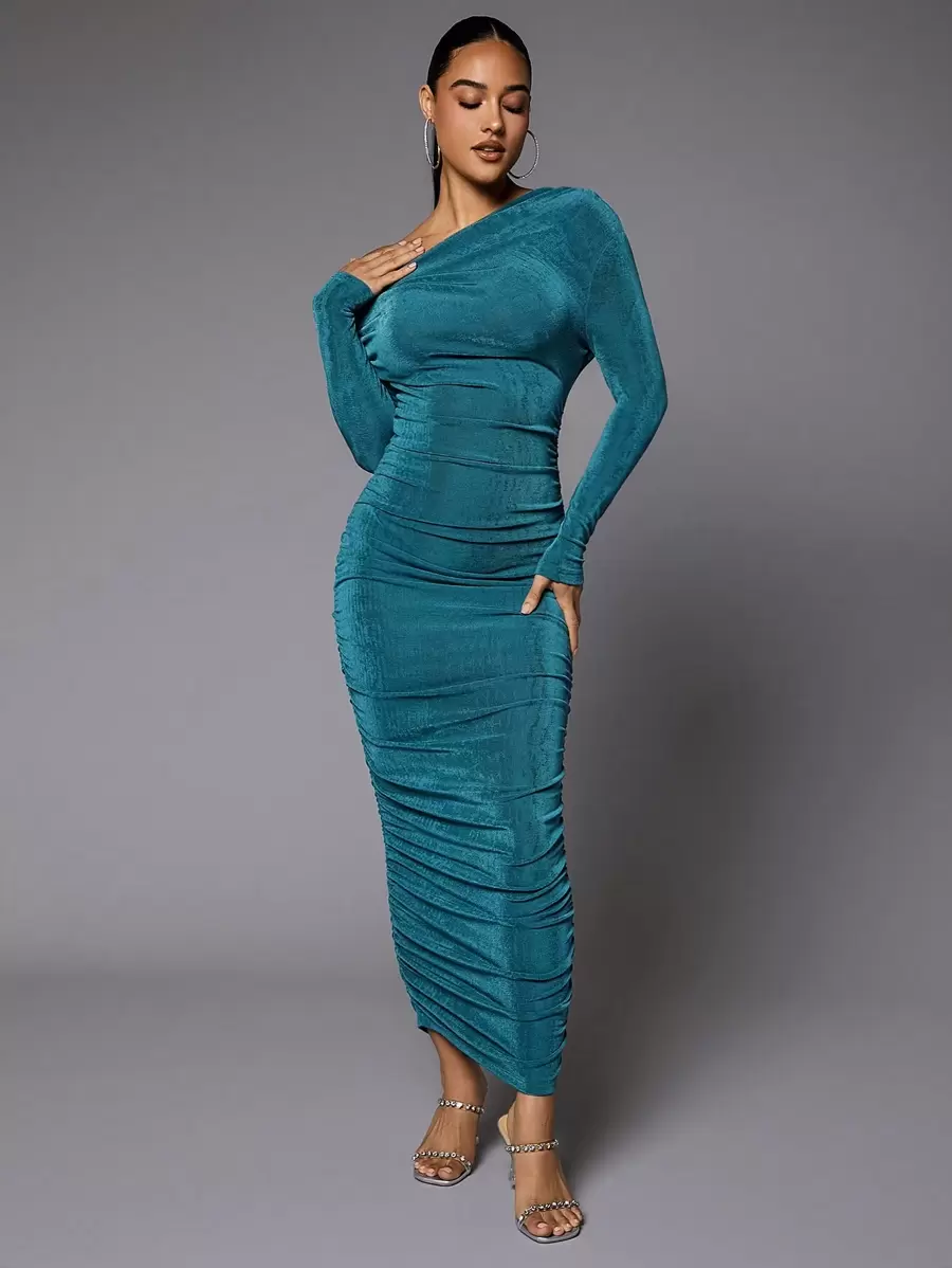 SHEIN BAE 不對稱領褶邊緊身洋裝 - 水鴨藍 - 查看 1