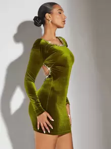 SHEIN BAE Rhinestone Detail Backless Velvet Bodycon Dress - Olive Green - View 2