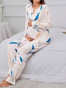 Maternity Plants Print Tie Neck Ruffle Trim PJ Set - Multicolor - View 4