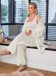 RueChic Plus Solid Drop Shoulder Cardigan & Knit Pants Without Tank Top - Beige - View 5