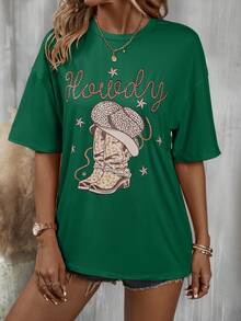 SHEIN LUNE In Chữ & Sao Áo thun Thả vai - Màu xanh lá cây đậm - Xem 6