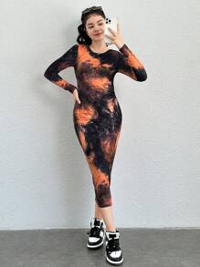 SHEIN 少女扎染针织圆领长袖修身长裙