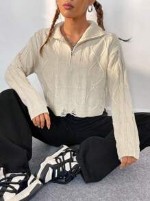 SHEIN Unity Cable Knit Drop Shoulder Half Zip Up Sweater - Apricot - View 6