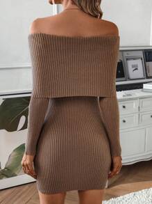 SHEIN LUNE Off Shoulder Foldover Bodycon Sweater Dress Fall Cloth For Women - Brown - View 2