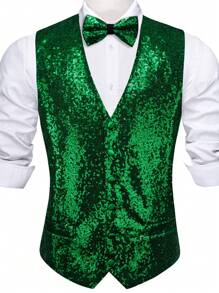 Men 1pc Sequin Effect Waistcoat - Green - View 4