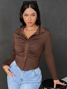 SHEIN EZwear Plus Ruched Button Front Tee - Chocolate Brown - View 2