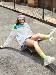 Gameset SHEIN Sport sweat-shirt à capuche d'extérieur à épaules basses avec blocs de couleur graphique lettre, tenue de tennis pour femmes - Blanc - Voir 4