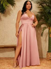 SHEIN SXY 大碼開衩大腿緞面吊帶洋裝 - 藕粉色 - 查看 1