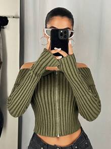 SHEIN ICON Y2K Grunge Off Shoulder Zip Up Crop Cardigan